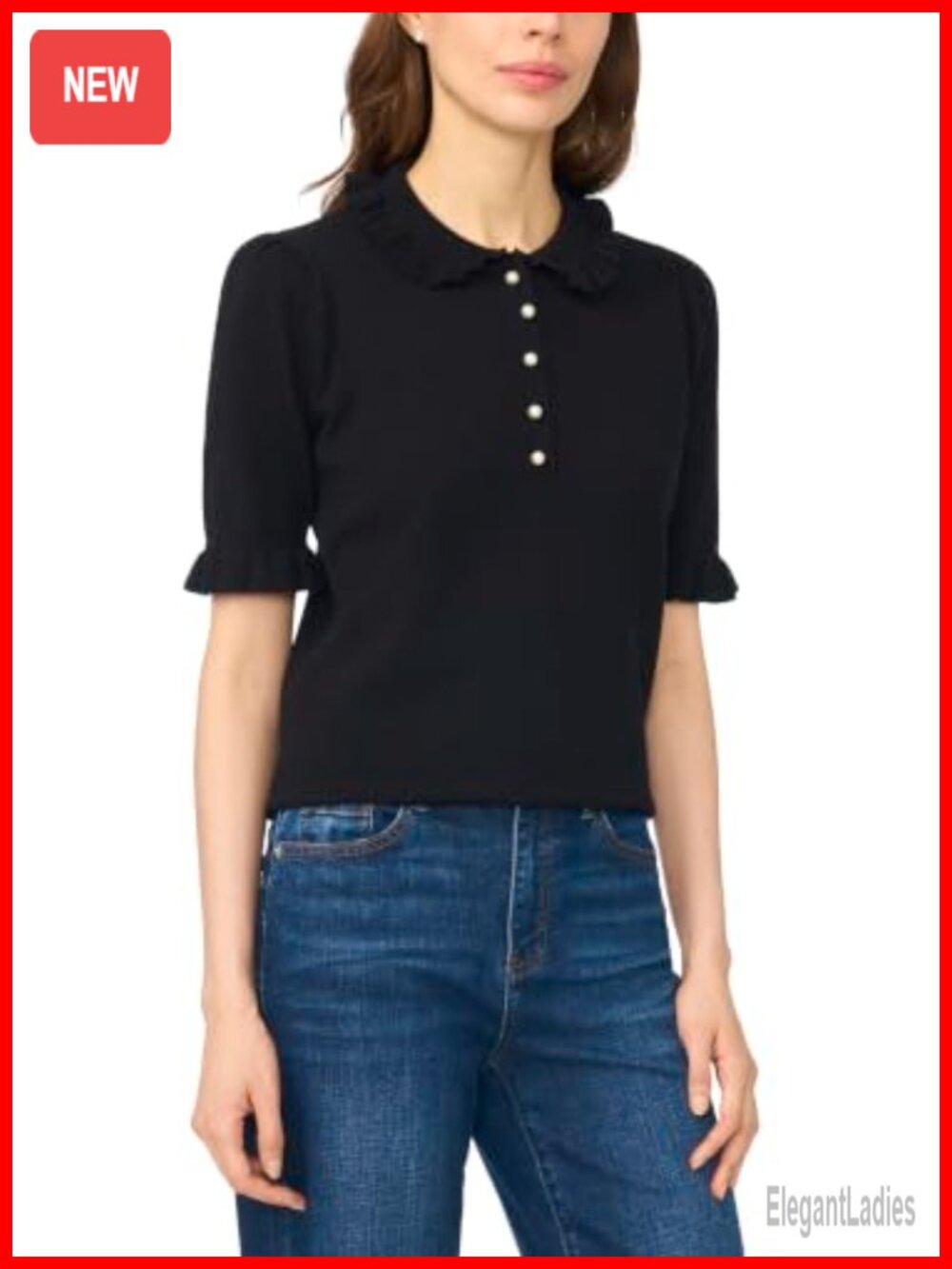 CeCe Ruffle Collar Polo Sweater Short Sleeve Ribbed Trim Women's